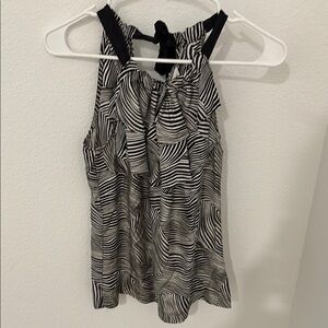 Trina Turk Black and White Sleeveless Ruffled Tie Front Blouse